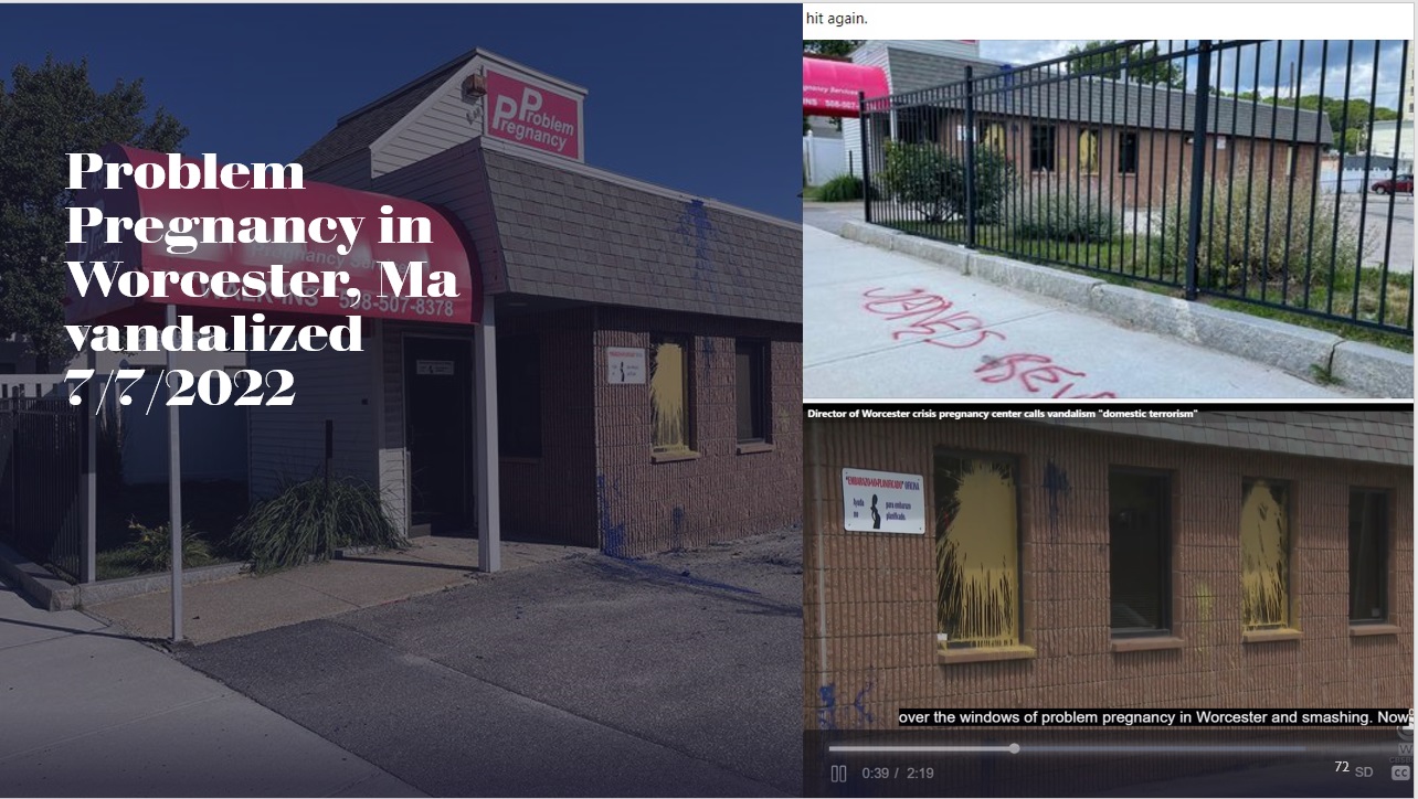 Pro-life pregnancy center Problem Pregnancy in MA vandalized July 7, 2022 tagged Jane's Revenge