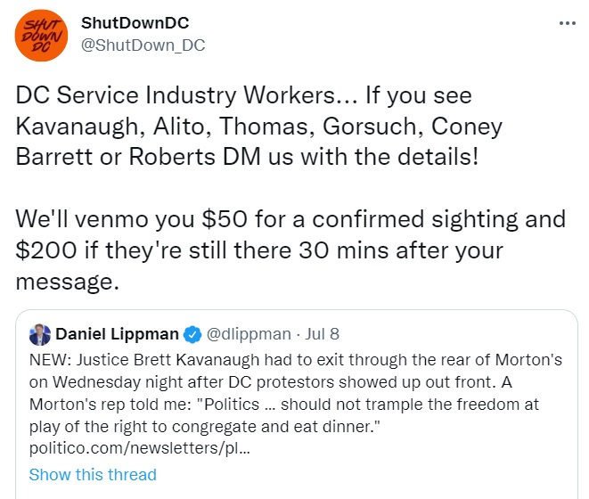 ShutDownDC tweet pays money for tips on Supreme Court Justice locations