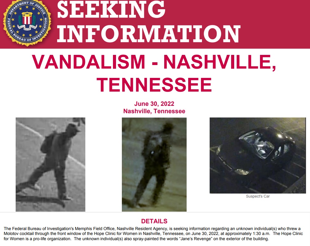 Image: FBI wanted poster vandal of Hope Clinic for Women PRC in Nashville