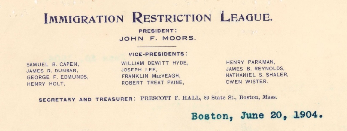Image: Immigration Restriction League Prescott F Hall Secretary 1904 National Archives