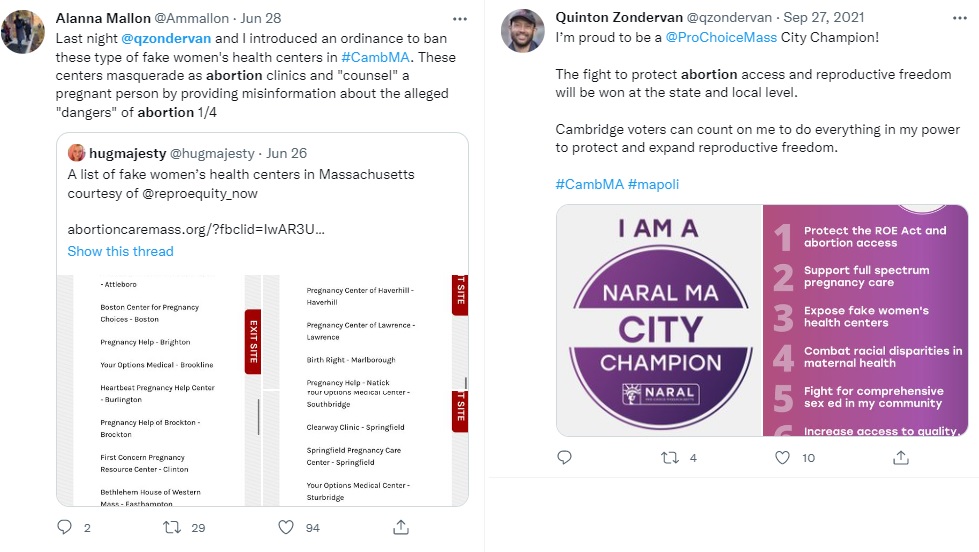 Image: NARAL City Champion Cambridge Ma City Councilman targets prolife pregnancy center (Image: Twitter)