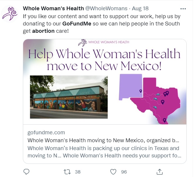 Image: Whole Woman's Health abortion clinic GoFundMe for new location (Image: Twitter)