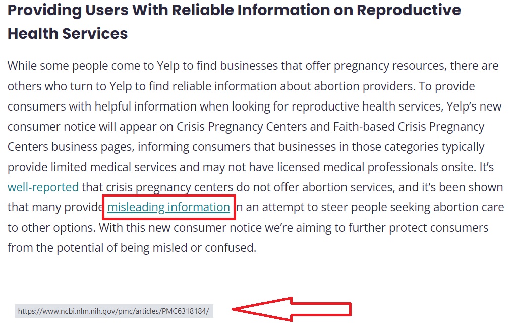 Image: Yelp links to biased pro-abortion article to in false attack of pro-life pregnancy centers