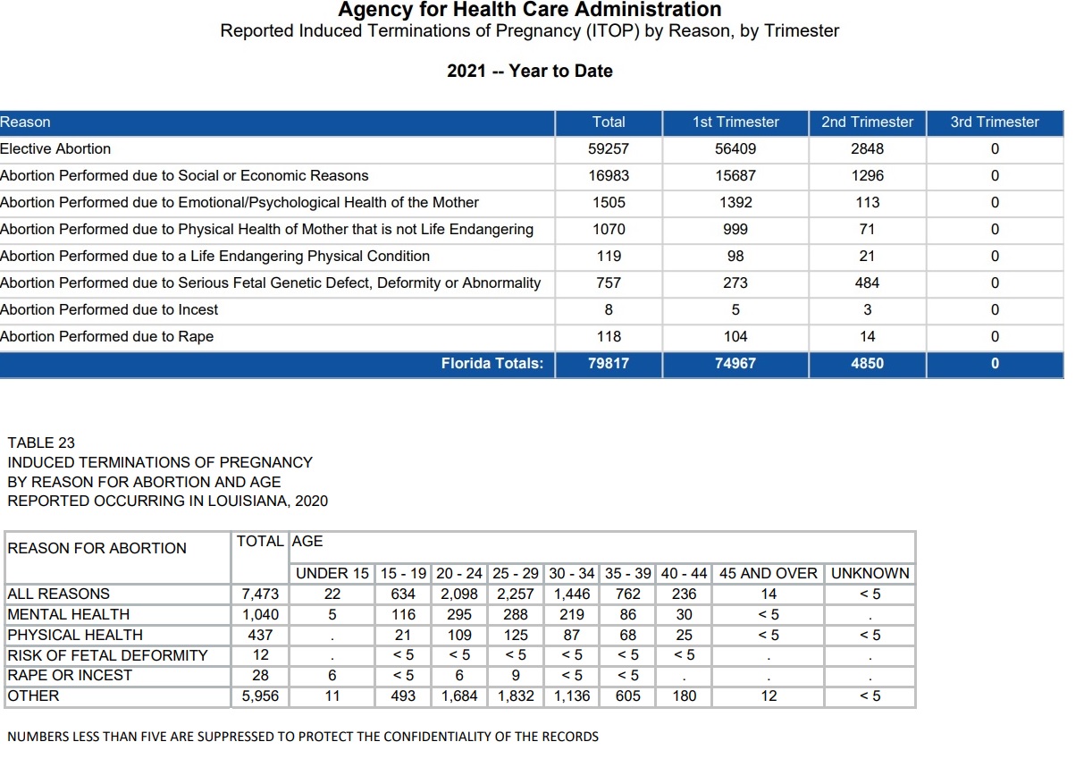 Image: Abortion by reason Florida 2021 and Louisiana 2020