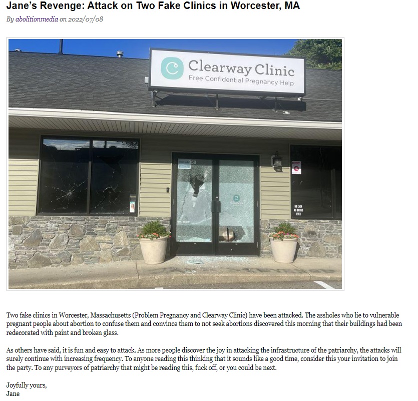 Image: Jane's Revenge Communique takes credit for vandalizing Problem Pregnancy and Clearway Clinic prolife PRCs in Ma