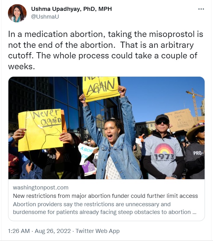 Image: Ushma Upadhyay tweet claims abortion pill can take days