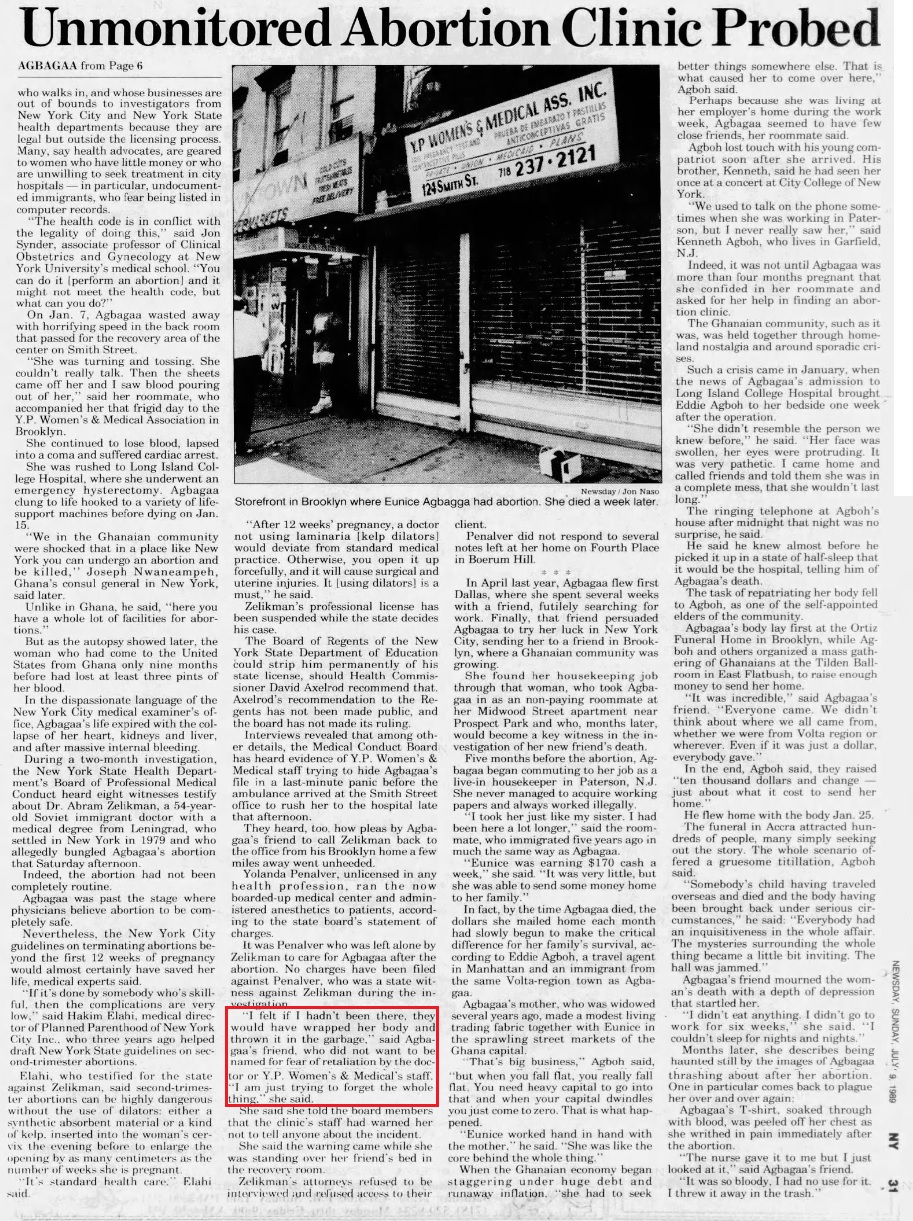 Image: Abram Zelikman legal abortion death of Eurice Agbagaa (Source: NY Newsday July 9 1989) 