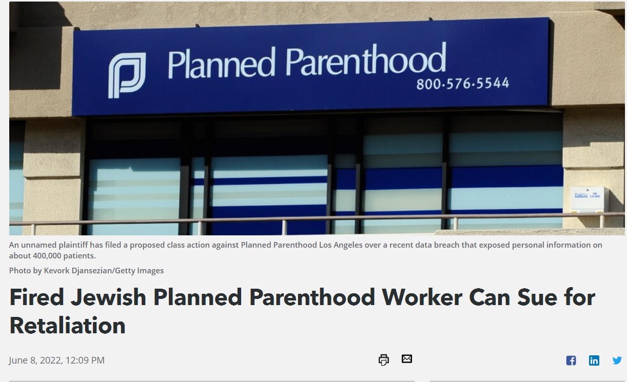 Image: Bloomberg Fired Jewish Planned Parenthood Worker can Sue for Retaliation, anti-Semitism