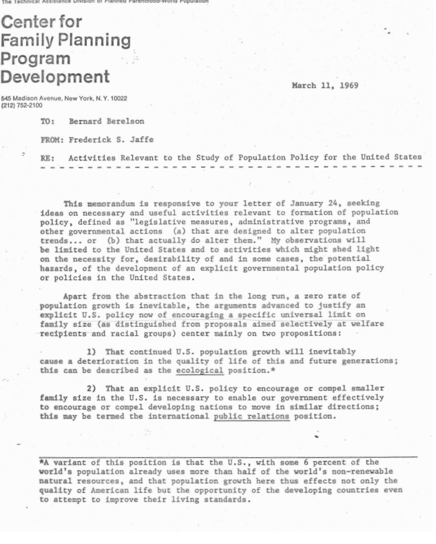 Image: Center for Family Planning Program Development Jaffe Memo response to Bernard Berelson