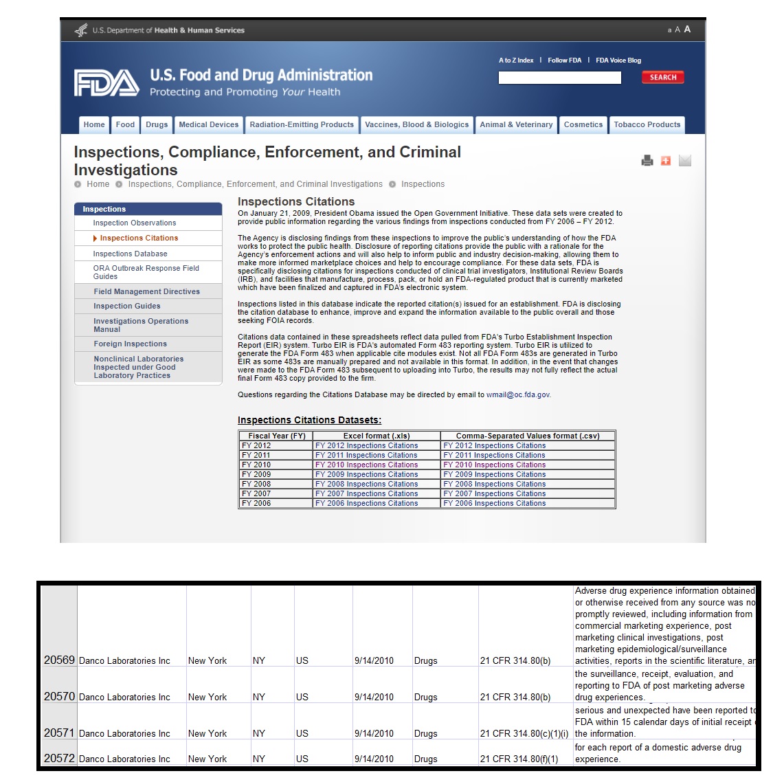 Image: Inspections of abortion pill manufacturer Danco in archived FDA website