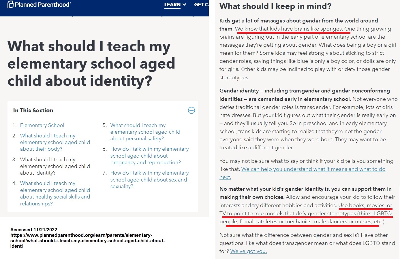 Image: Planned Parenthood teach child about identity website page jpg