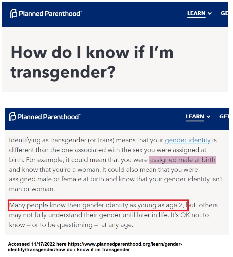 Image: Planned Parenthood website claims a two-year-old child can know their gender identity