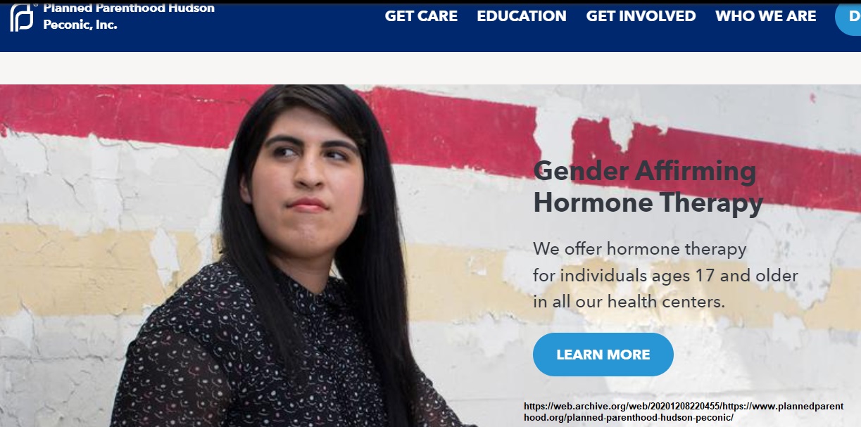 Image: Planned Parenthood Hudson Peconic website from 2020 will serve 17 year-olds Gender Affirming Hormone Therapy (Image: PP website 2020)