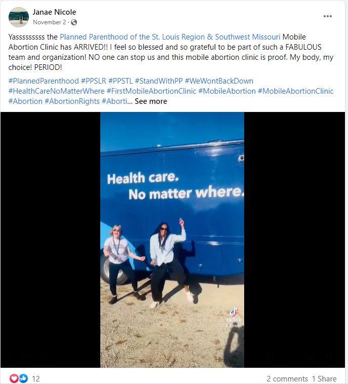 Image: Planned Parenthood mobile abortion van Image from Video posted to Janae Nicole Facebook