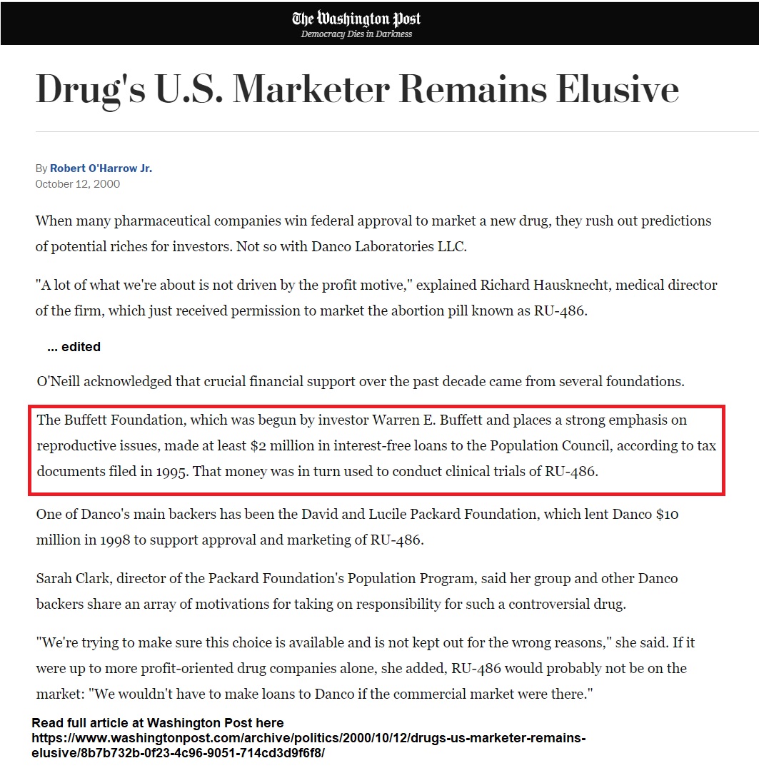 Image: Buffett Foundation is early investor in Danco Labs the manufacturer of the abortion pill (Image: WAPO October 12, 2000) 