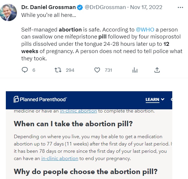 Image: Dr. Daniel Grossman promotes abortion pill use up to 12 weeks while Planned Parenthood sells at 11 weeks passed FDA approval