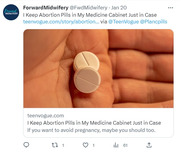 Image: Forward Midwifery promotes advanced provision outside FDA approved abortion pill regimen (Image: Twitter)