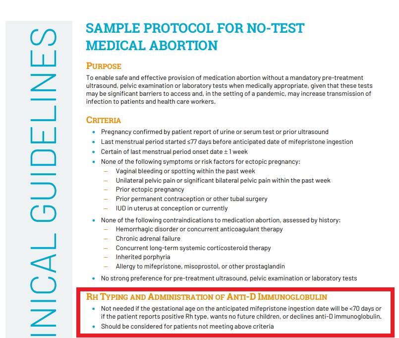 Image: Gynuity No Test abortion pill protocol on Rh negative clients