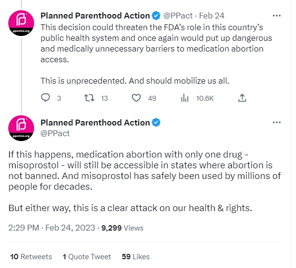 Image: Planned Parenthood Tweets Misoprostol only for abortion if ADF lawsuit prevails (Image: Twitter)