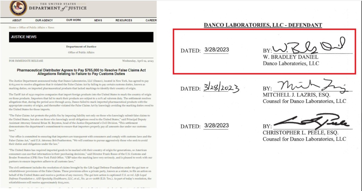 Image: Danco False Claim Act settlement signed by W Bradley Daniel