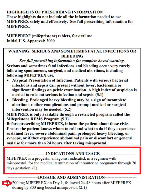 Image: Abortion pill Mifepristone drug label 2023 indication and usage and black box warning