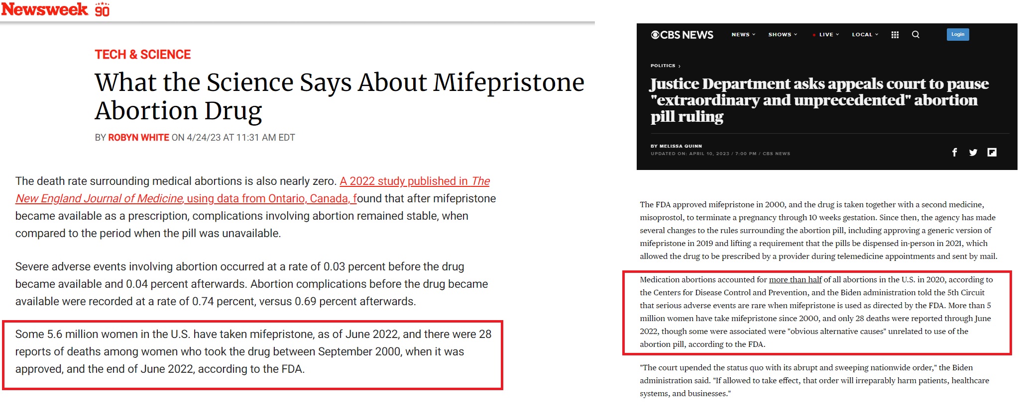 Image: Newsweek and CBS News on medication abortion deaths