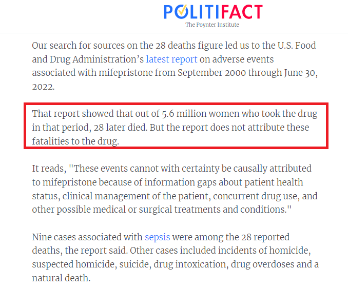 Politifact fact check on 28 deaths from abortion pill says non linked to Mifepristone