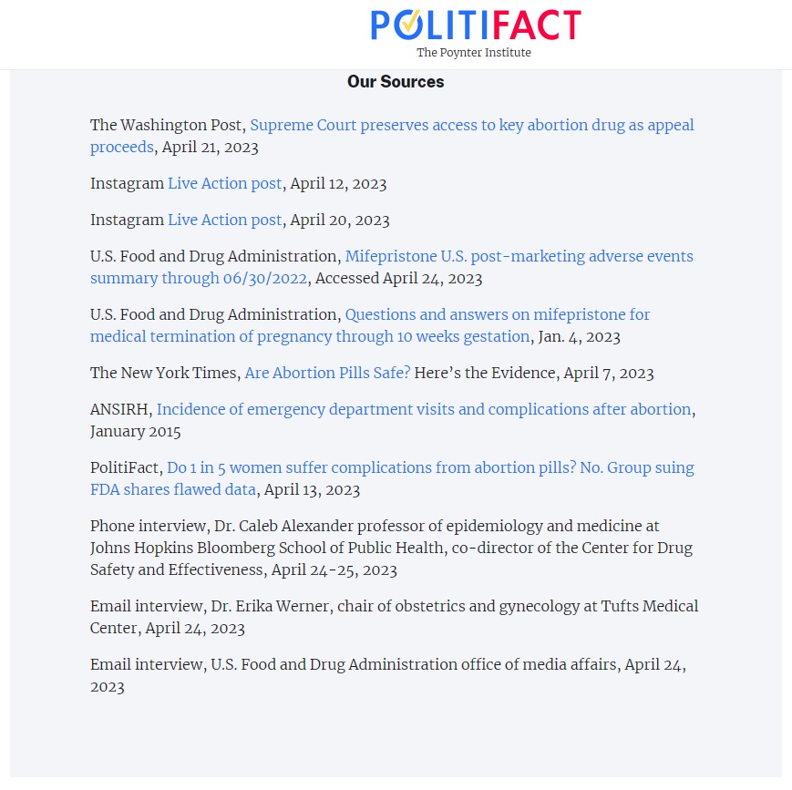 Image: Politifact sources in Live Action abortion pill fact ccheck includes ANSIRH
