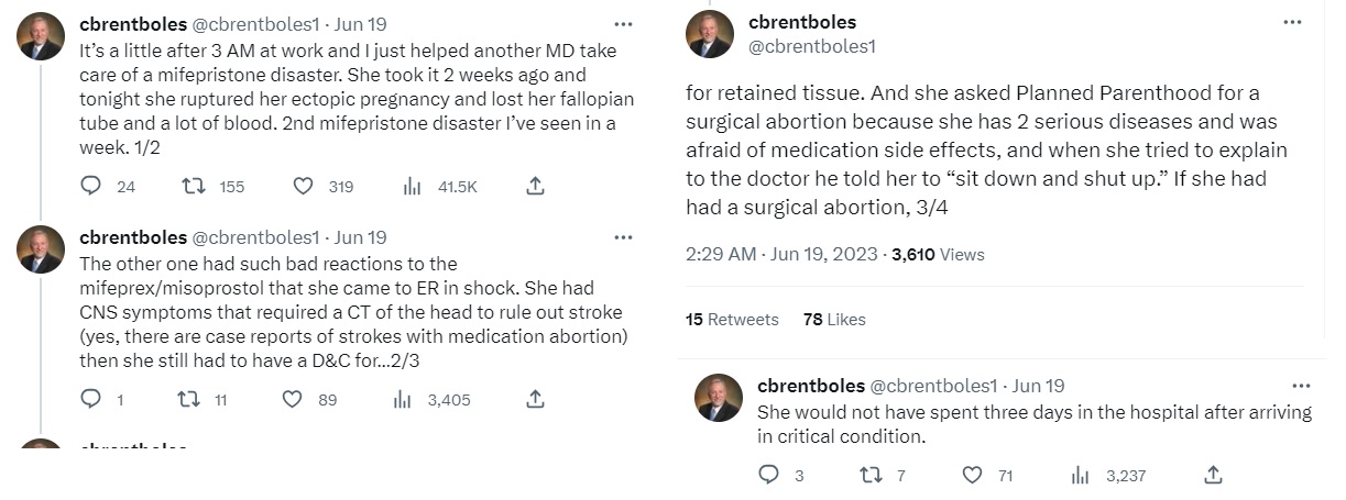 Dr Brent Boles tweets abortion pill complication ER June 2023