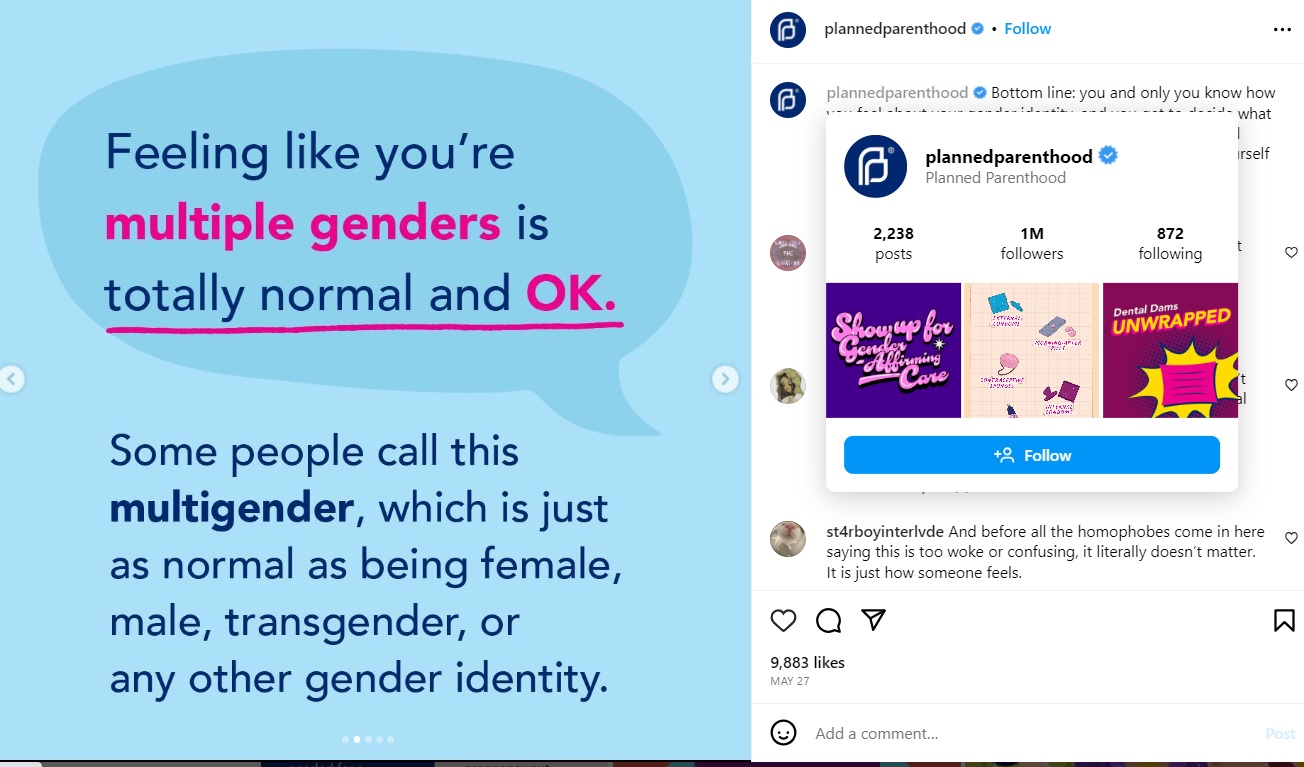 Planned Parenthood on Instagram Normalizing Transgender and Multigender ideology 