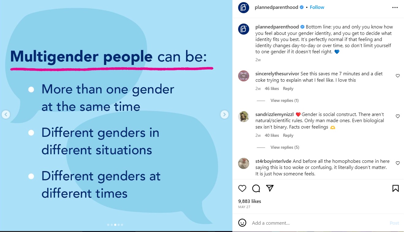 Planned Parenthood on Instagram Normalizing transgender and multigender ideology