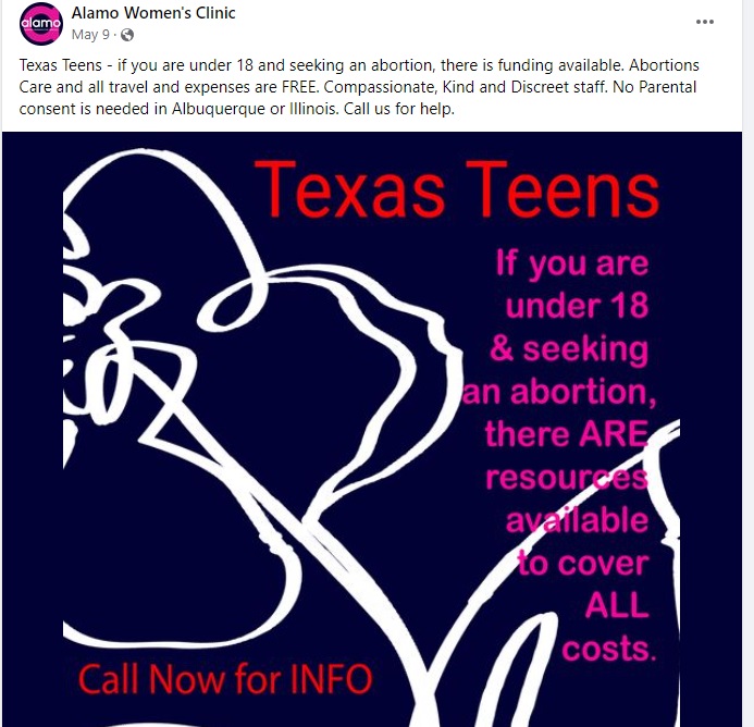 Alamo Women's abortion clinic encourages teens to cross state lines for abortion (Image Facebook)