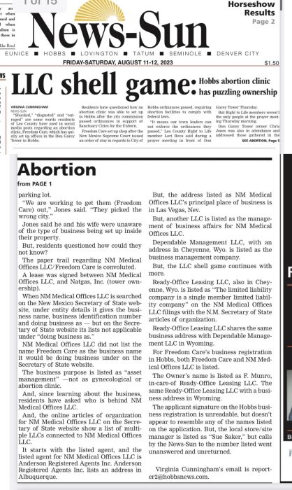Brigham abortion clinic Shell Game per News-Sun Hobbs NM