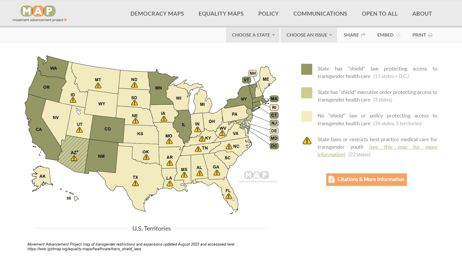 Movement Advancement Project map of states that restrict or protect transgender services as of August 2023