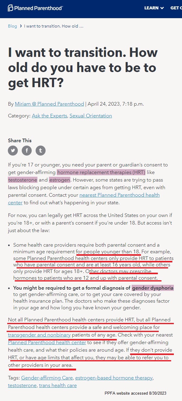 Planned Parenthood summary on transgender services and gender-affirming restrictions to youth minors 