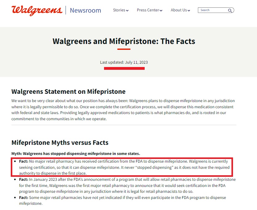 Walgreens Statement on Mifepristone March 2023 claimed in July that no pharmacy had been certified to dispense the abortion pill
