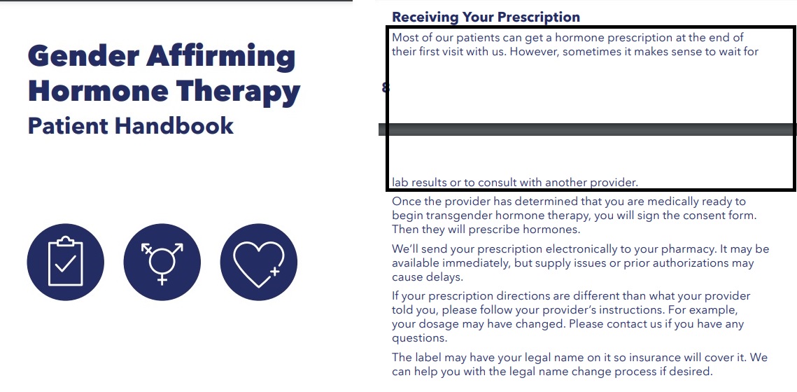 Planned Parenthood receiving Hormones for "gender affirming care" (HRT) immediately Patient Handbook