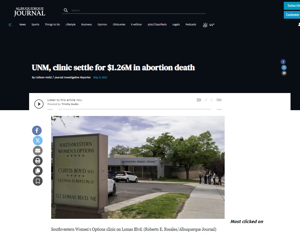 ALBQ Journal SWO and UNM abortion death lawsuit settlement $1 26M