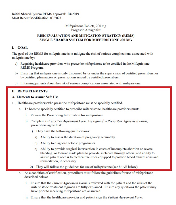 Abortion Pill Requirements under FDA REMS March 2023