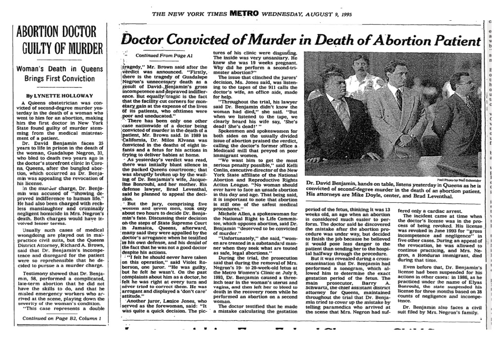 Abortion death recounted in New York Times