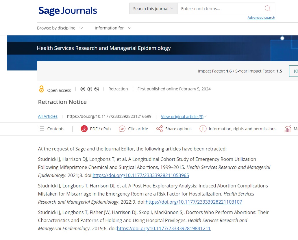 SAGE Publication retraction notice lists three Charlotte Lozier studies on abortion