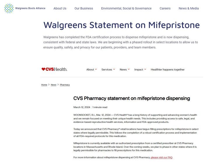Walgreens and CVS vow to dispense abortion pills (Websites accessed 3/20/2024)