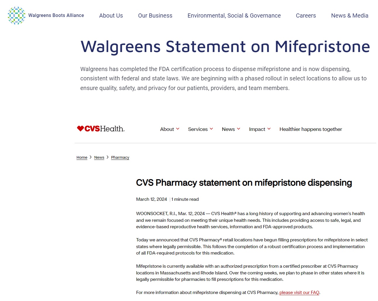 Pharmacy chains Walgreens and CVS vow to dispense abortion pills (Websites accessed 3/20/2024)