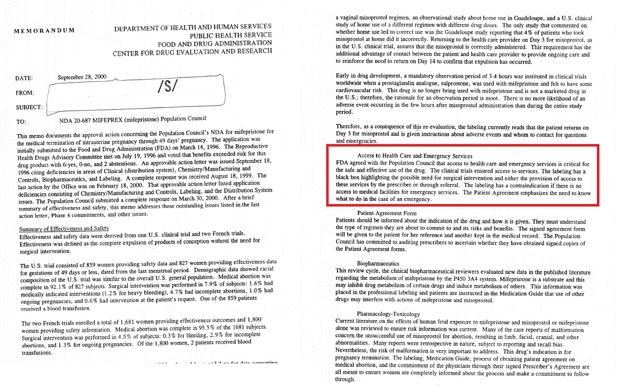 FDA 2000 memo abortion pill and emergency services