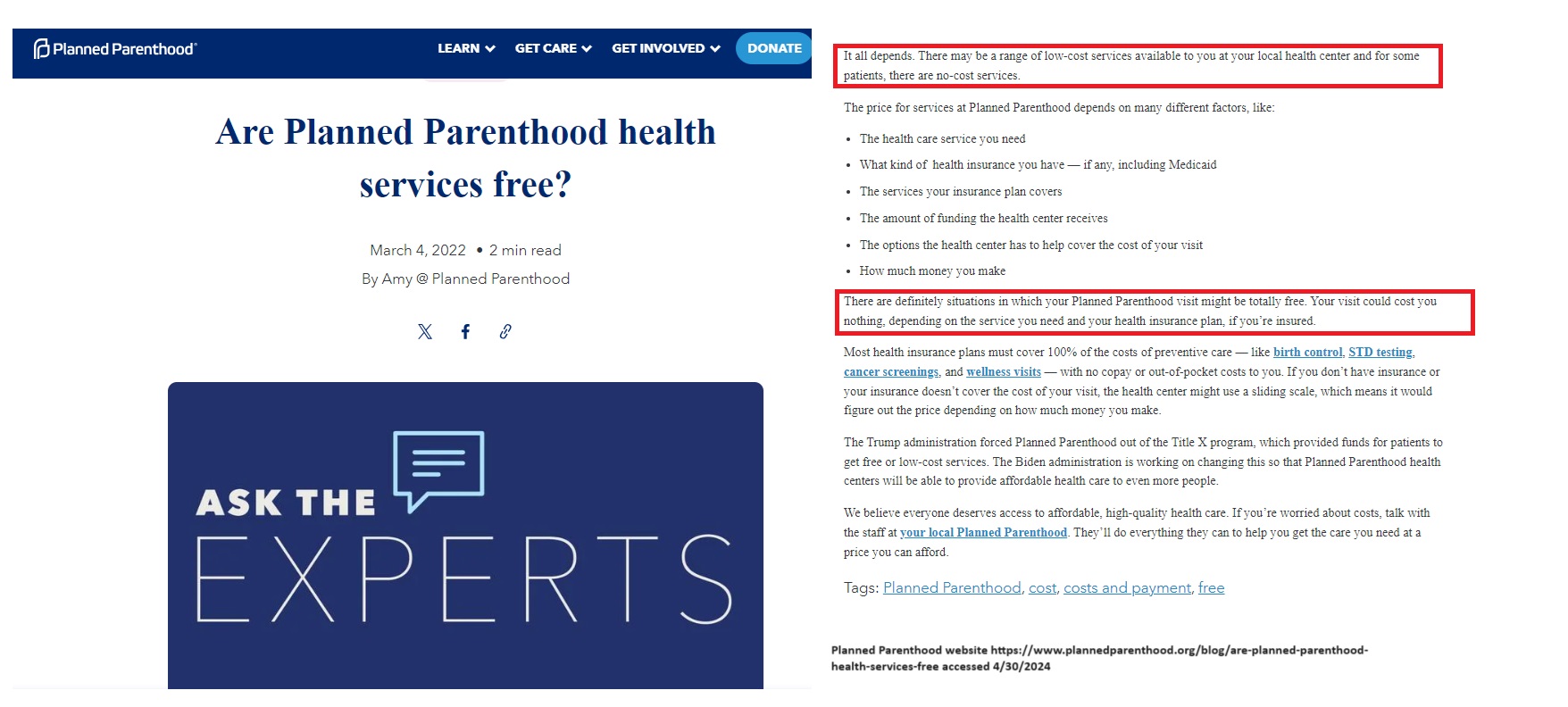 Planned Parenthood claims to offer some free services