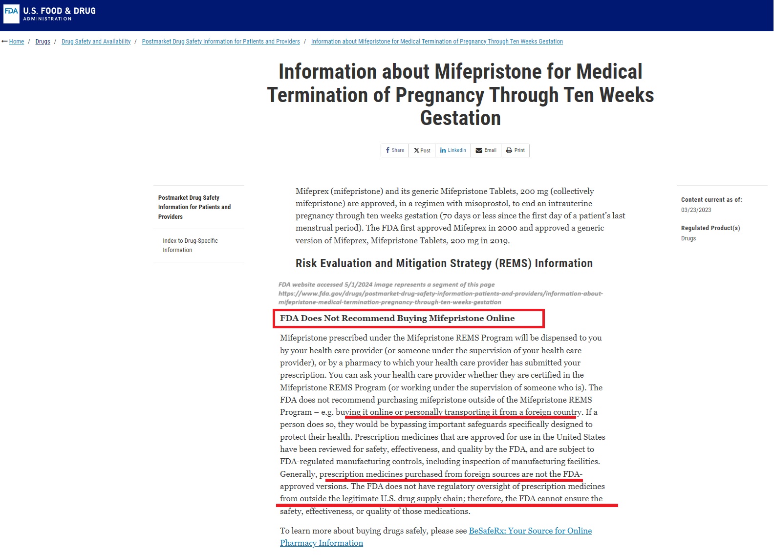 FDA website warns against purchasing abortion pills online by foreign entites