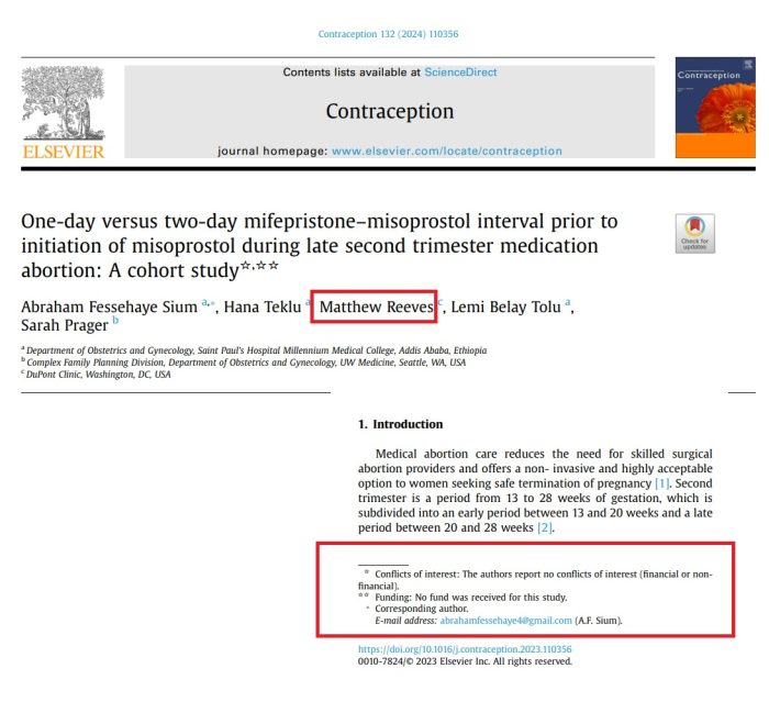 Matthew Reeves which gets consulting fees from GenBioPro failed to note conflicts in abortion pill study