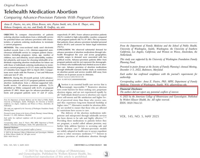 ACOG Green Journal Advanced Provision abortion pill study failed to note conflicts