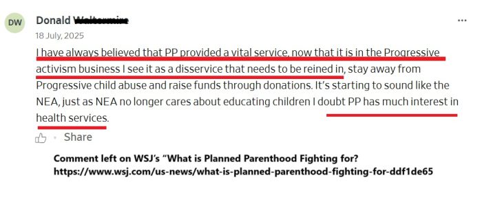Planned Parenthood donor from vital to disservice