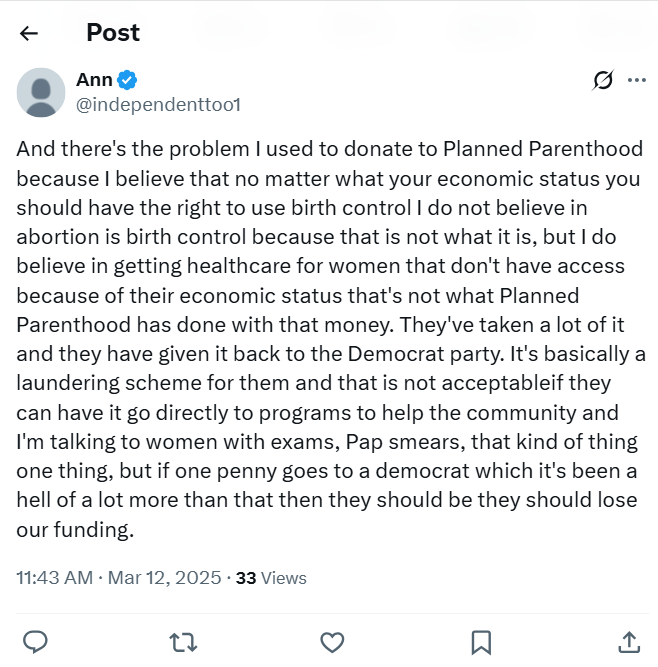 Planned Parenthood donor claims its a laundering scheme for democrats (Image Twitter "X")